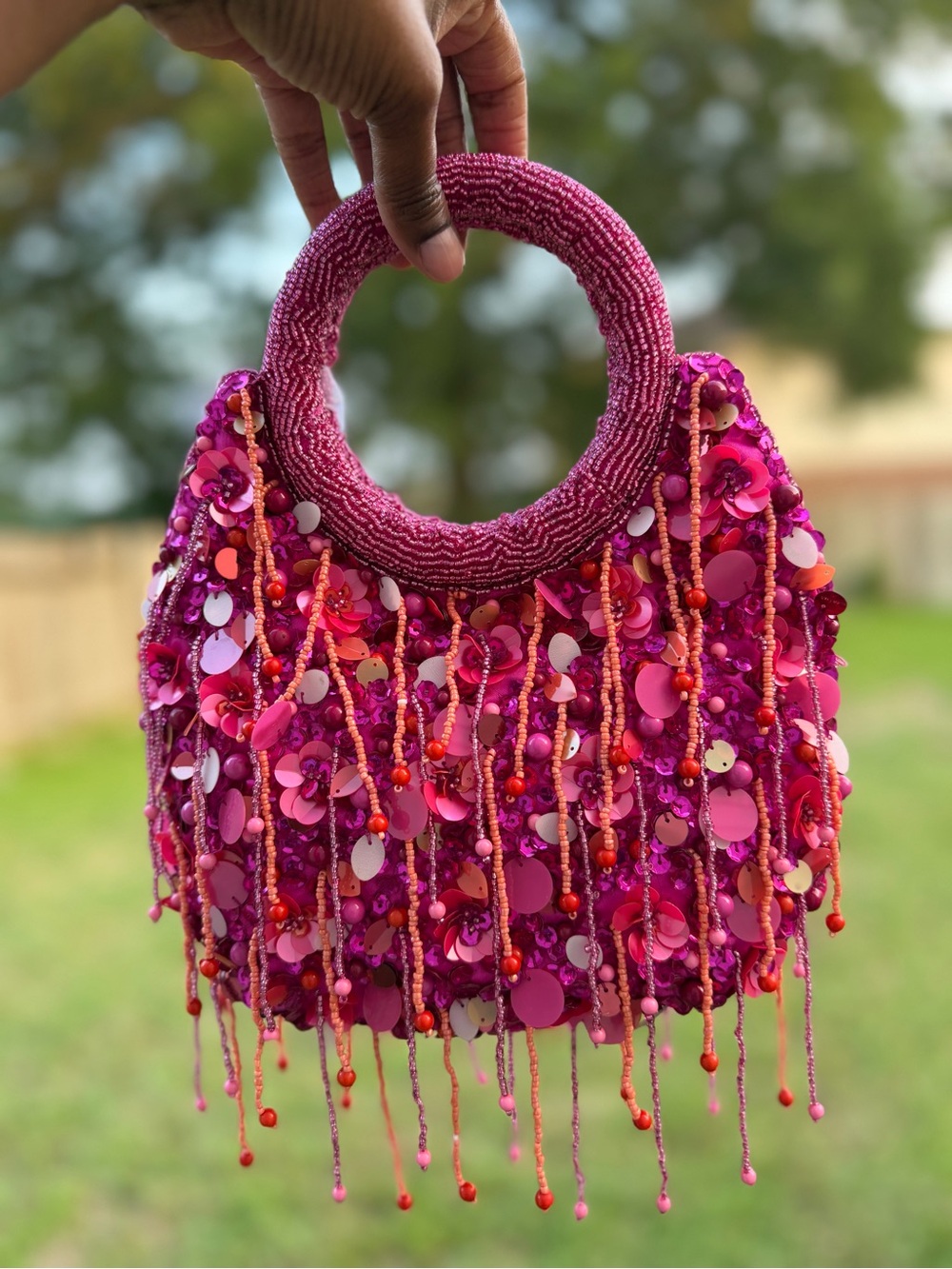 Hand-Beaded Pink Sequin Fringe Mini Bag